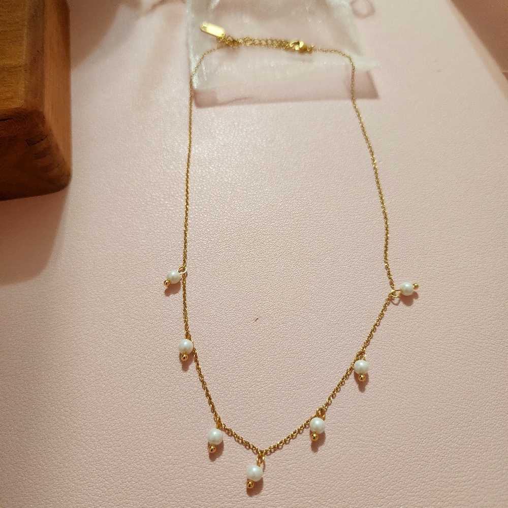 Pearl drop dangle necklace 18k vermeil on stainless steel clasp dainty vintage